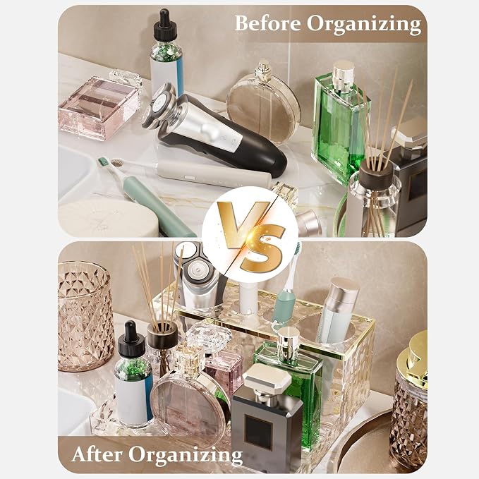 Glass Bathroom Accessories Set 5Pcs Crystal Brown - Foaming Soap Dispenser, Soap Dish, Cup, Acrylic Toothbrush Holder with Tray Organizer, Cotton Swab Jar, Bathroom Counter Set Sink Decor