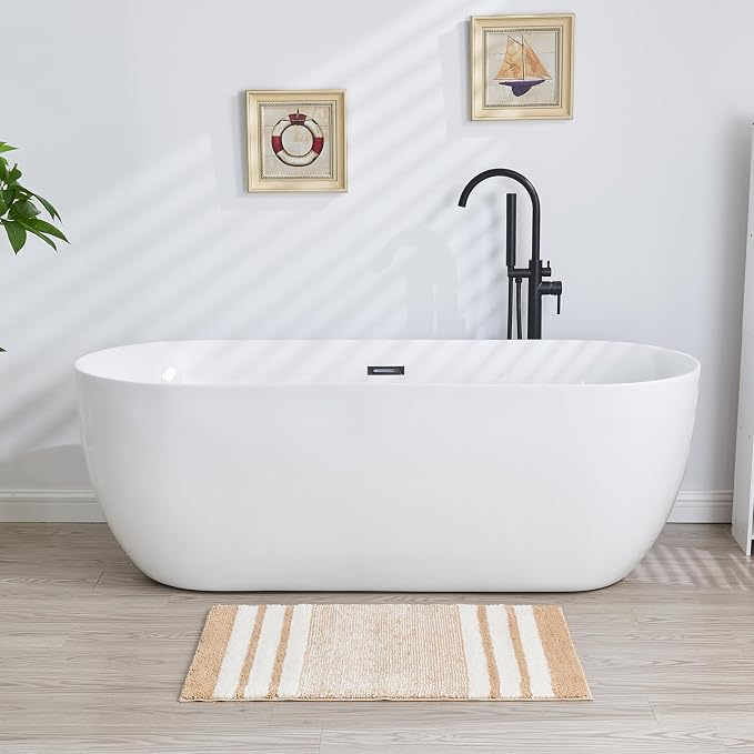 CozeCube Beige Striped 36"x24" Non Slip Washable Bath Mat | For Bathroom, Fluffy Absorbent Microfiber Bath Mats Machine Wash, Stylish Large Aesthetic Bathroom Rugs