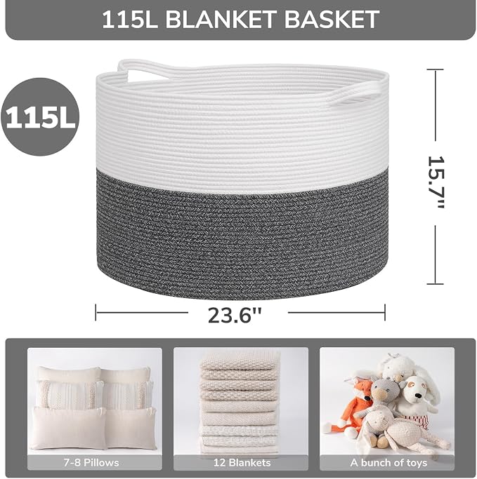 INDRESSME 115L Extra Large Woven Rope Blanket Basket Living Room | 23.6" x 15.7" Storage baskets for toys laundry & pillows. Fits living room, bedroom or nursery décor. Soft-touch with handles