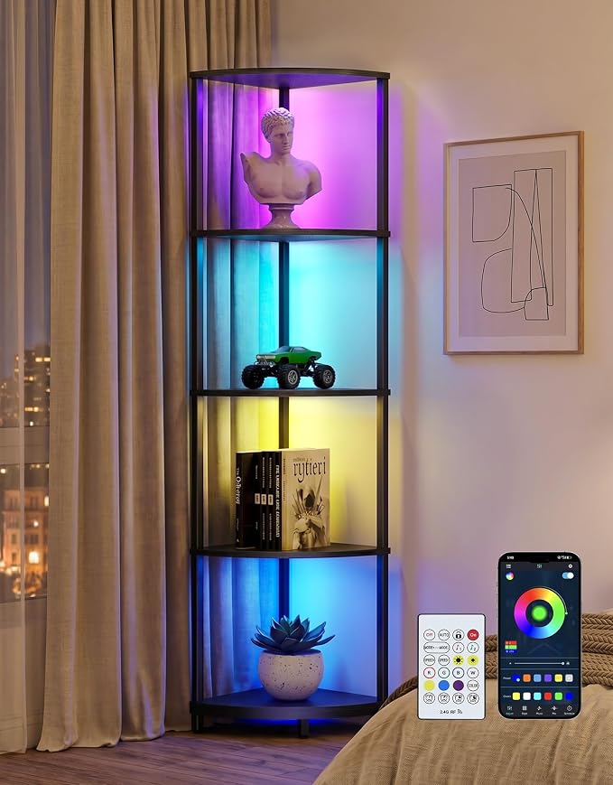 Corner Shelf with LED Light, 5 Tier Smart Color Changing Floor Lamp with Remote, 62" Display Shelf Bookshelf Narrow Storage Rack Standing Lamp for Living Room Bedroom Home Office Décor
