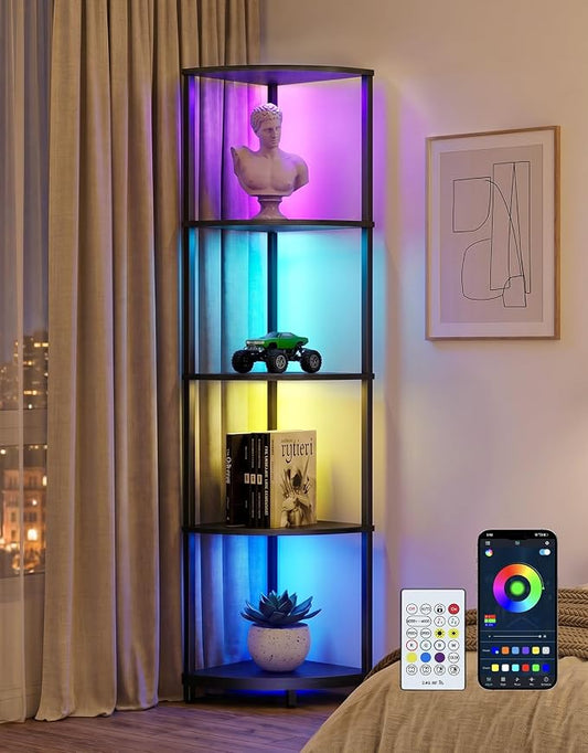 Corner Shelf with LED Light, 5 Tier Smart Color Changing Floor Lamp with Remote, 62" Display Shelf Bookshelf Narrow Storage Rack Standing Lamp for Living Room Bedroom Home Office Décor