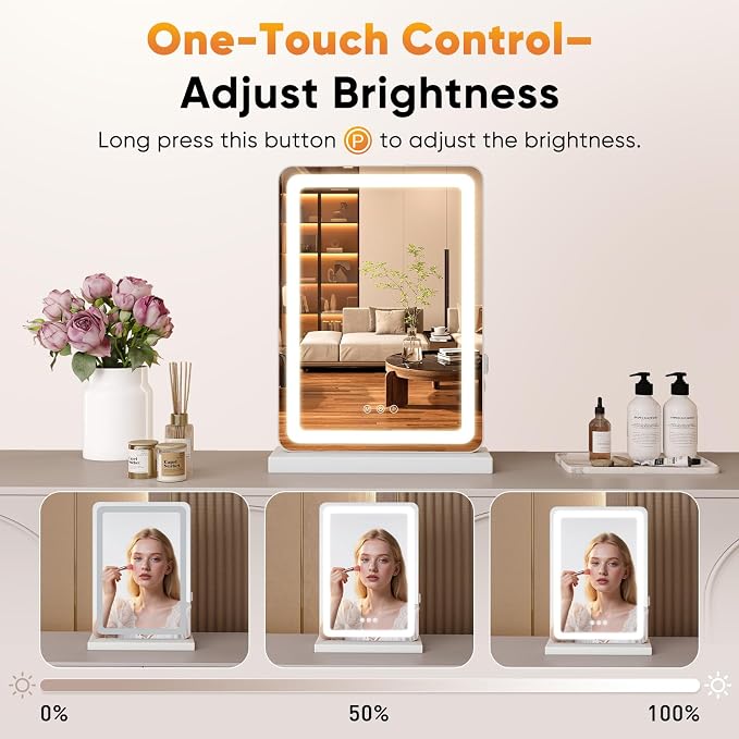 Sweetcrispy 18"x13" LED Vanity Mirror with Lights, Dimmable 3 Color Modes Makeup Mirror with Memory Function, USB Charging, Aluminum Frame, Lighted Mirrors for Desk, Bedroom, Living Room