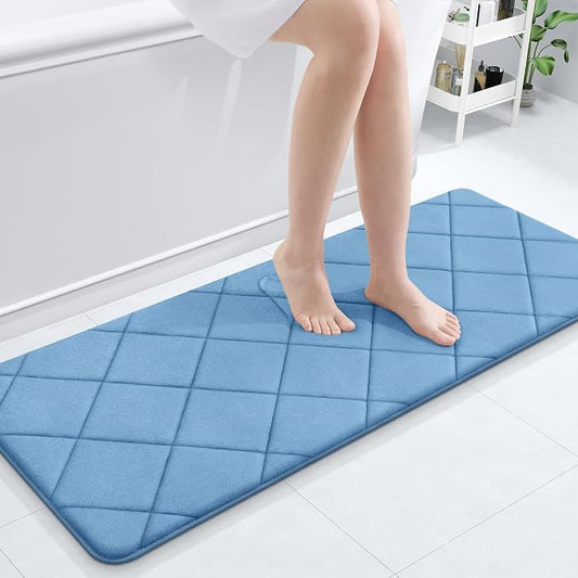 OLANLY Memory Foam Bath Mat 47x20, Ultra Soft and Absorbent Bathroom Rugs | Blue, Quick Dry, Machine Washable Shower Bath Rugs, Comfortable Bath Carpet for Bathroom Floor, Tub and Shower