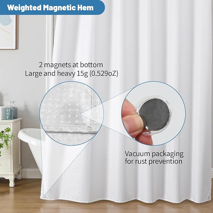 2-in-1 Waterproof Fabric Shower Curtain - No Separate Liner Needed, Hotel-Style Waffle Weave, Effortless Cleaning & Washable Bathroom Shower Curtain Set,48Wx72H,White