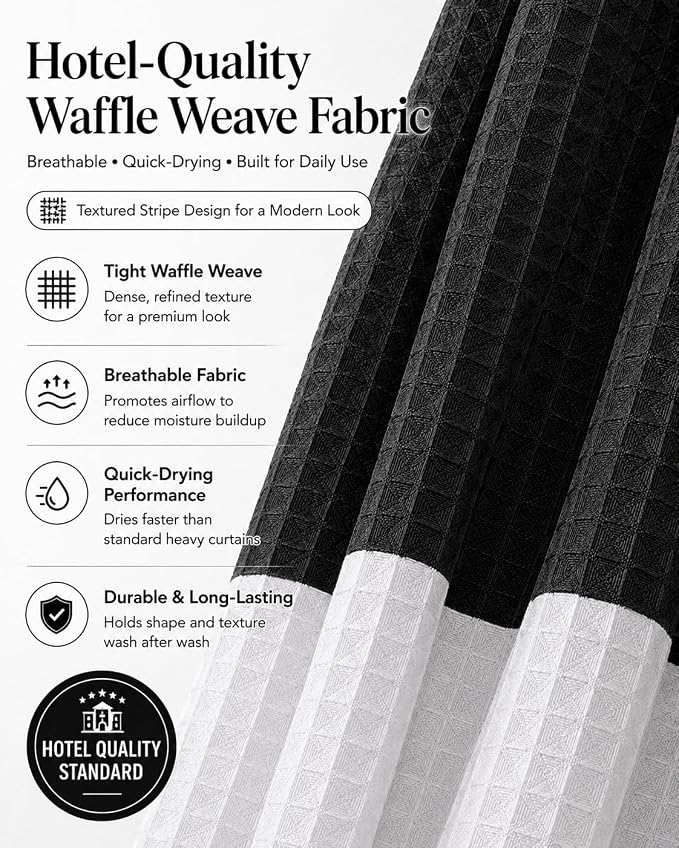 Dainty Home Ombre Waffle Weave Shower Curtain 70 x 72 Black Textured Fabric Shower Curtain, Hotel Style Waffle Weave Bathroom Curtain, Water Resistant Polyester Ombre Shower Curtain
