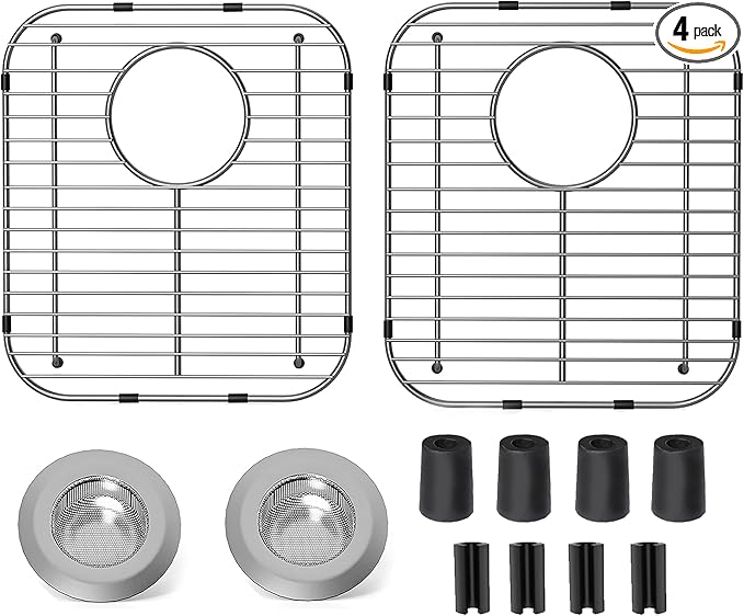 2Pack Stainless Steel Kitchen Sink Grid,13.2" x 11.6" x 1.2" Sink Protectors With Rear Drain Hole,Sink Rack for Bottom of Sink, Anti-rust Metal Sink Bottom Grid With 2Pack Sink Strainers