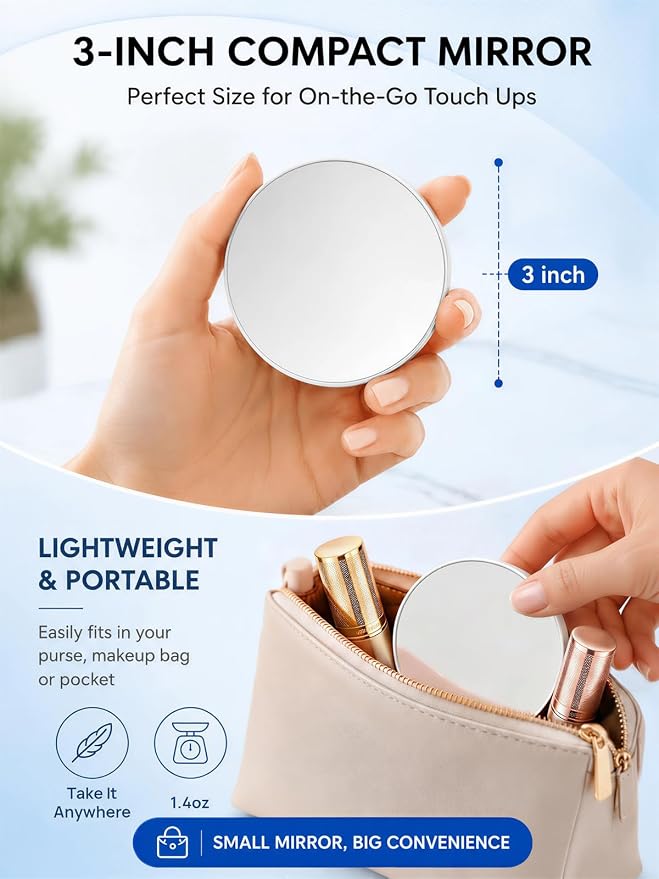 Macaki 30x40x50x Magnetic Magnifying Mirror Set for Makeup and Travel,3 in | Powerful Magnet, Magnified Mirror, Self-adhesive Patch, Mounts on Metal & Smooth, Small Magnifying Mirror for Purse, White