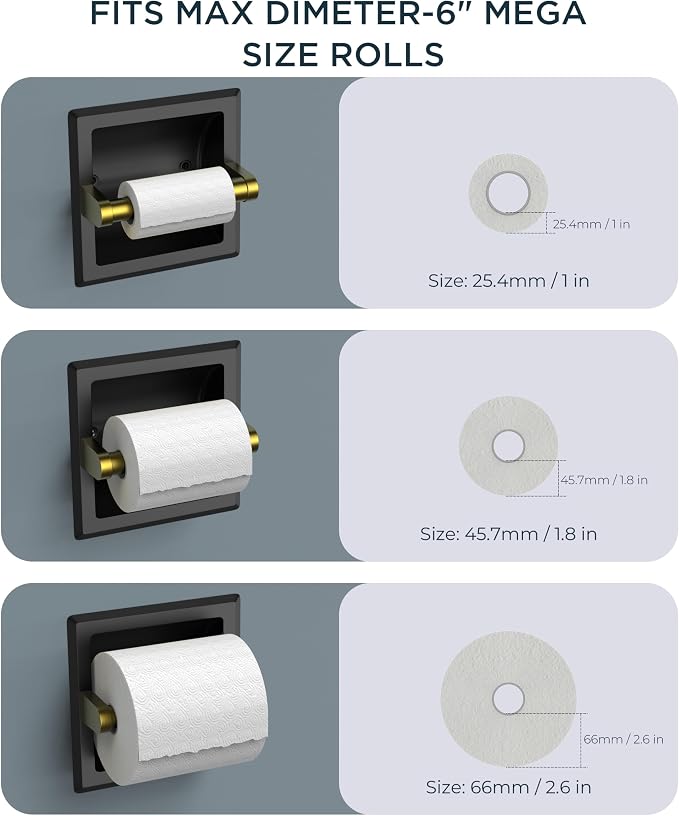 FORIOUS Recessed Toilet Paper Holder for Mega Rolls, Black and Gold | Stainless Steel Tissue Roll Holder Wall Mount for Bathroom Space-Saving Design, in Wall Toilet Paper Dispenser Insert