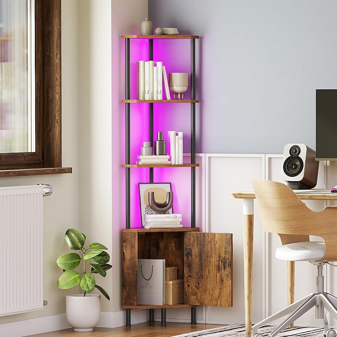 HOOBRO Corner Cabinet with LED Light, Corner Shelf Stand with Storage and Doors, 5-Tier Industrial Corner Bookshelf, 59” Tall Display Rack Shelf, for Living Room, Kitchen, Rustic Brown BF147DCJ01