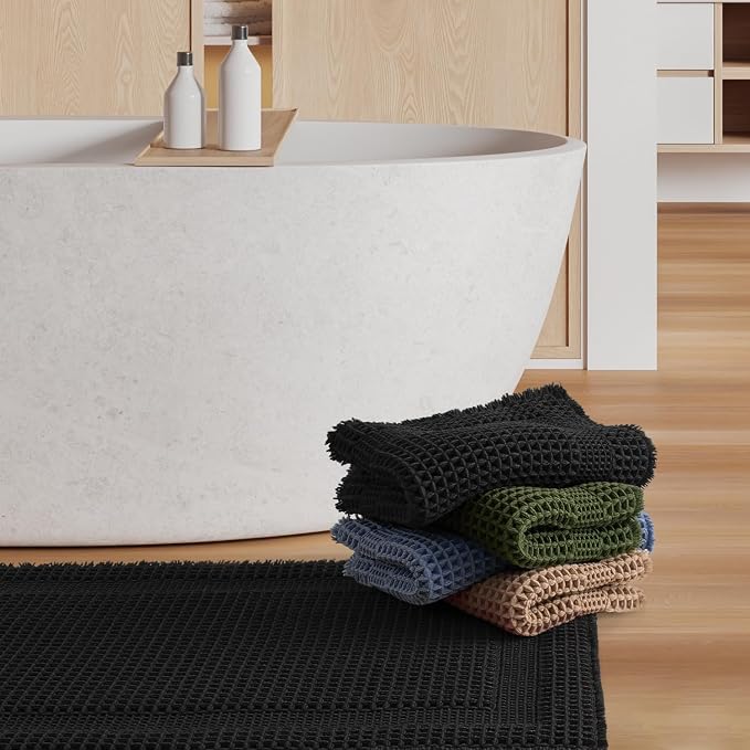 AMOAMI Waffle Bath-Mat, Absorbent Bath Mats for Bathroom Non Slip, Machine Washable Bathroom Rugs with Tassels Ultra Soft Boho Bath Rugs for Floor 17''x24'' Black