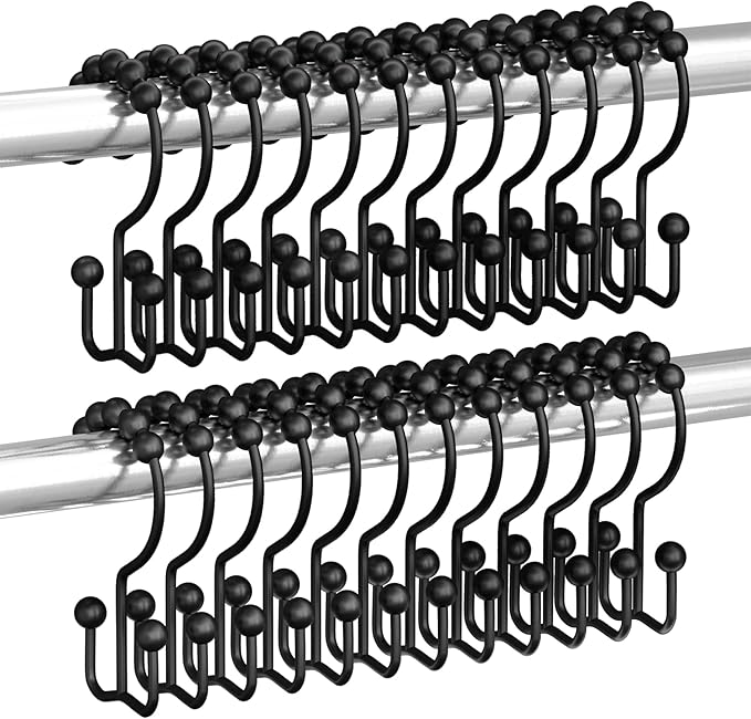 Titanker Shower Curtain Hooks Rings, Rust Resistant Metal Double Glide Shower Hooks Rings for Bathroom Shower Rods Curtains, Set of 24 Hooks - Black