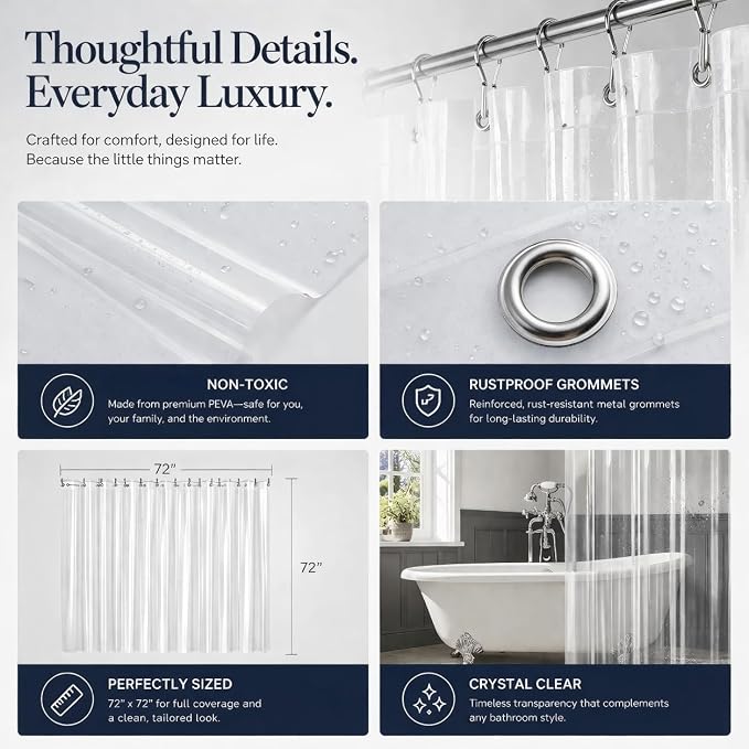 EHZNZIE Crystal Clear Shower Curtain Liner 54x78, PEVA Waterproof Bath Curtain, No Chemical Smell, Weighted Magnets, Durable with 9 Rustproof Metal Grommets
