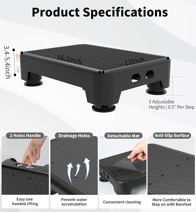 5-Level Adjustable Step Stool, 700 LBS Capacity Safety Bed Step for Seniors, Exercise Setp Platform, Portable Stair Assist for Elderly, Wide Step up for Kitchen, Car, Bedside & Shower, Black