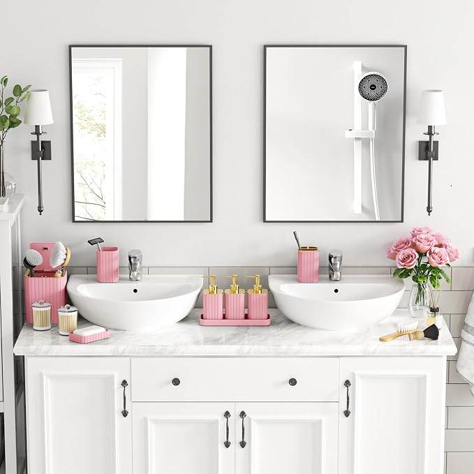 Bathroom Accessory Set - Bathroom Set, 12PC Bathroom Accessories Set, Pink Bathroom Accessories Set, Mini Trash Can, Toilet Brush, Trash Can & Soap Dispenser