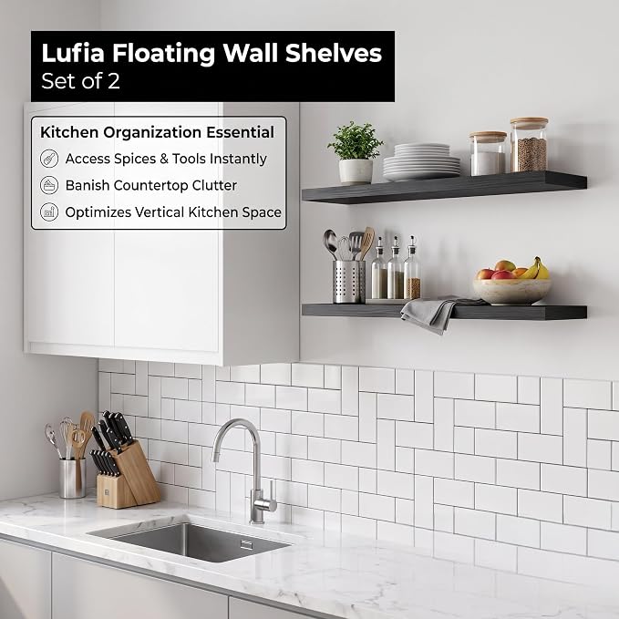 Lufia Floating Wall Shelves, Set of 2, MDF with Invisible Brackets | Multi-scene storage for kitchen, bathroom, bedroom & living room