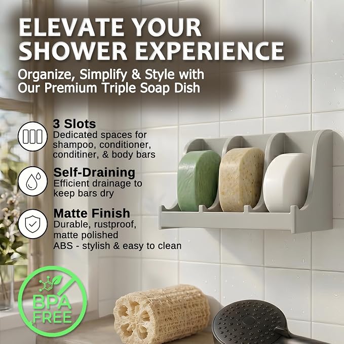 Soap Holder for Shower Wall, 3-Compartment Soap Dish for Shampoo, Conditioner and Body Soap, Fast Draining & Rust-Proof & Heavy Duty, Ultra-Strong Adhesive for Long-Term Bathroom Use & Freestanding