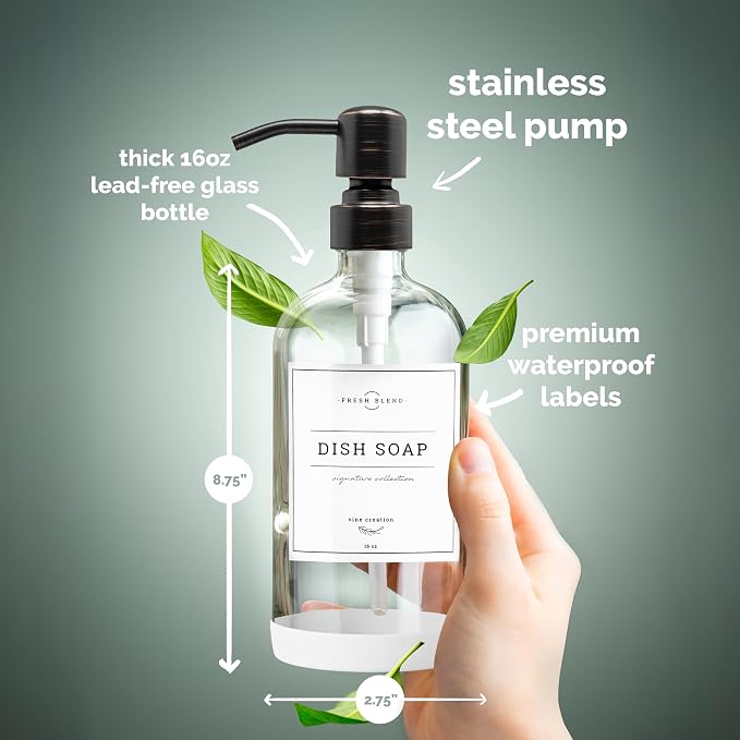 Vine Creations Clear Glass Soap Dispenser, 2 Pack Kitchen Soap Dispenser Set with Stainless Steel Pump, 16 oz Dish Soap and Hand Soap Dispensers for Bathroom with Waterproof Labels
