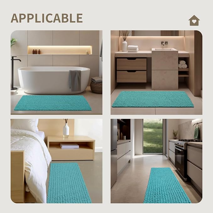 Bathroom Rugs Non Slip Washable 60x24, Extra Thick Soft Chenille Absorbent Bath Mat, High Density Barrier Non Slip Backing, Quick Dry Plush Shaggy Floor Carpet for Tub&Shower, TealBlue