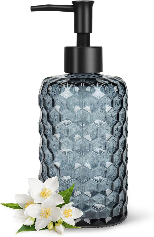Topsky Glass Soap Dispenser with Plastic Pump, 475ml Liquid Hand Soap Dispenser, Rustproof Pump for Kitchen & Bathroom, Great for Lotions, Essential Oil, Liquid Soaps (Grayish Blue)