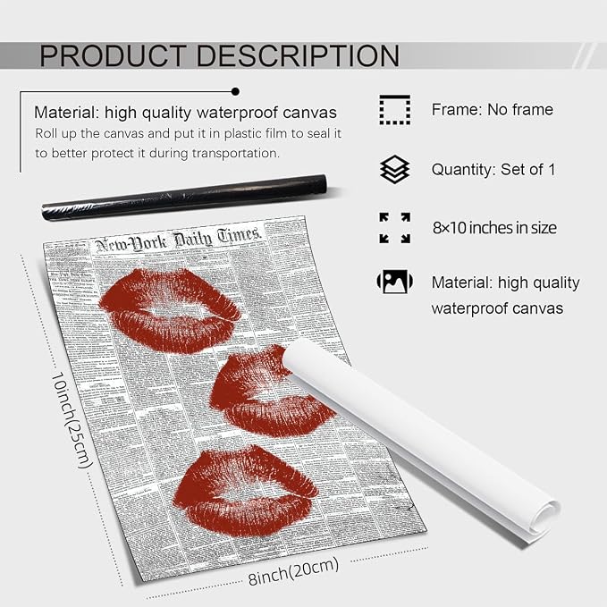 Haitunone Black White Newspaper Canvas Wall Art Fashion Red Kiss Lips Aesthetic Poster Trendy Girly Sexy Canvas Prints for Bar Cart Makeup Room Wall Decor 08x10 inch Unframed