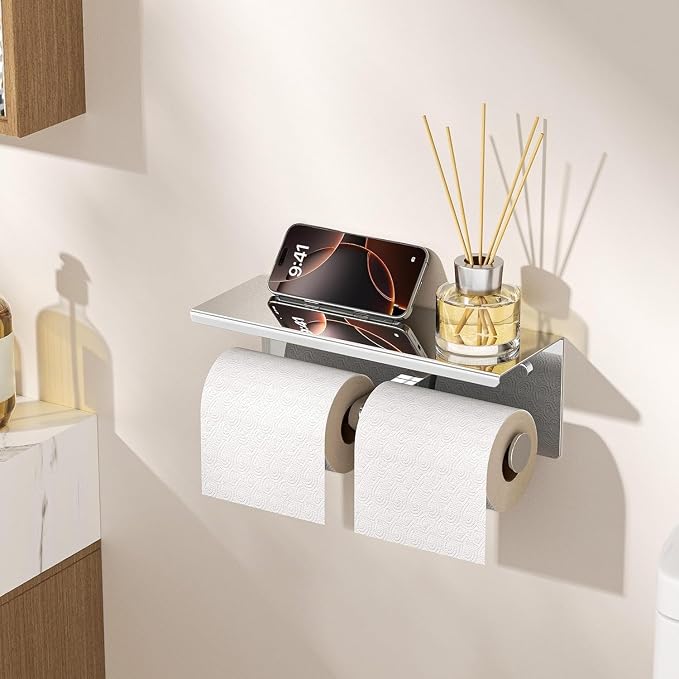 FORIOUS Toilet Paper Holder with Shelf, Commercial Toilet Paper Dispensers | Chrome | Wall Mount Bathroom Tissue Holder | SUS304 Stainless Steel Rustproof | Double Tissue Roll Holder