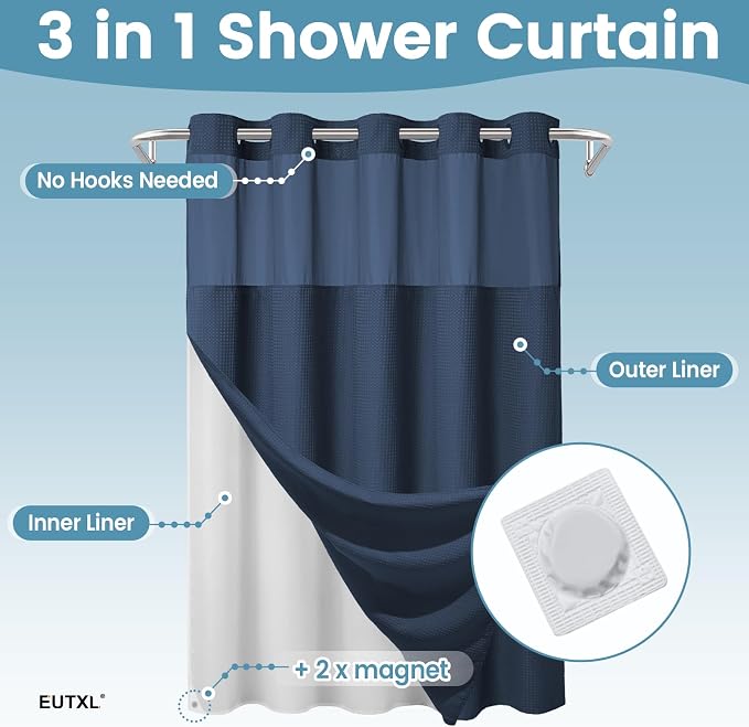 EUTXL Heavyweight No Hook Shower Curtain with Liner, Navy Blue,71x86 | Snap in Liner, 256GSM Thick Waffle Fabric, Hotel Luxury Spa, Corner Magnets, Quick Dry, Waterproof & Washable, Extra Long