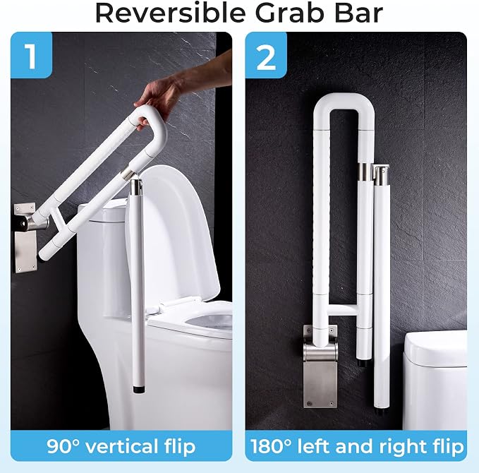 Modunful Upgraded Handicap Grab Bar for Bathroom, Flip Up Toilet Hand Rail for Elderly, Disabled, Pregnant, 23.6 Inch, White, Textured Finish, Stainless Steel