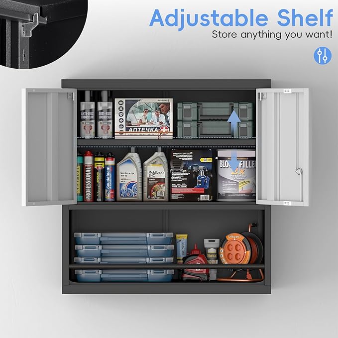 Garage Locking Cabinet, Wall Storage Cabinet with Shelves, Hanging Cabinets with Open Storage, Small Wall Cabinet, Lockable Tool Cabinet for Basement, School, Office