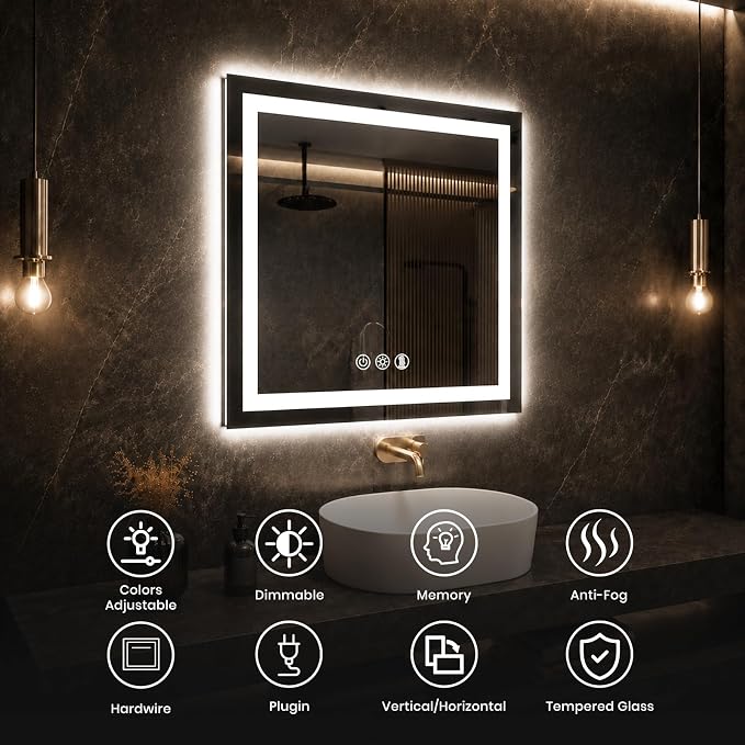 ROOMTEC 30x30 Inches LED Bathroom Mirror with Lights, Vanity Mirror with Front and Backlight, Smart Dimmable Anti-Fog LED Mirror for Bathroom, Memory Function, Tempered Glass (Horizontal/Vertical) | Anti-Fog, Dimmable, Memory Function, Bathroom Vanity ...