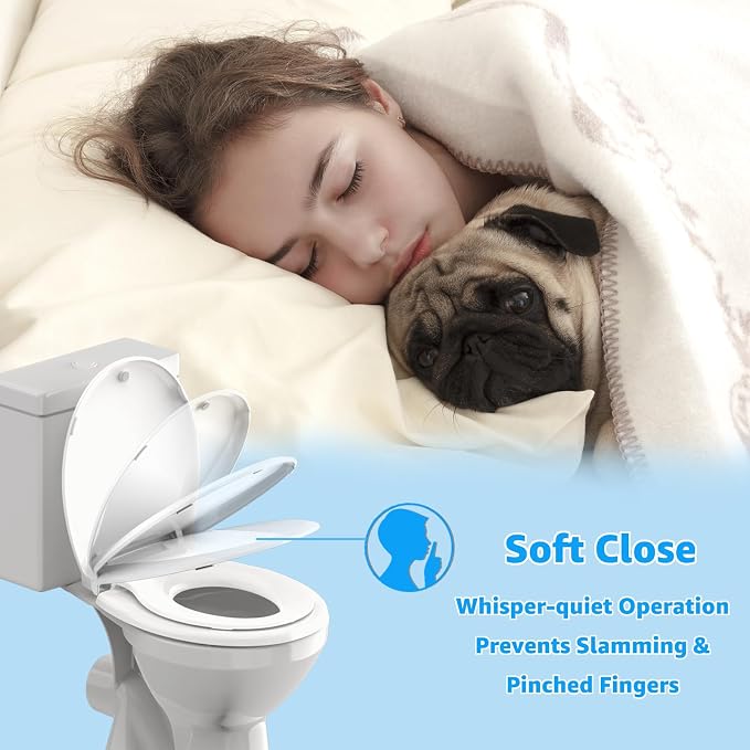 Huttdmel Round Toilet Seat with Toddler Seat Built In, 2 in 1 Adult & Child, Soft Close Quiet Lid, Magnetic Child Seat, Top & Bottom Mount, Never Loosen Hinges, Fits Standard Round Toilets, White
