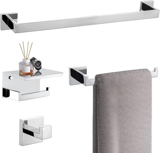 TURS 4-Piece Bathroom Hardware Set Bath Towel Bar Set 24 Inch Towel Holder Set for Bathroom Wall Mounted Stainless Steel Bathroom Accessories Set Polished