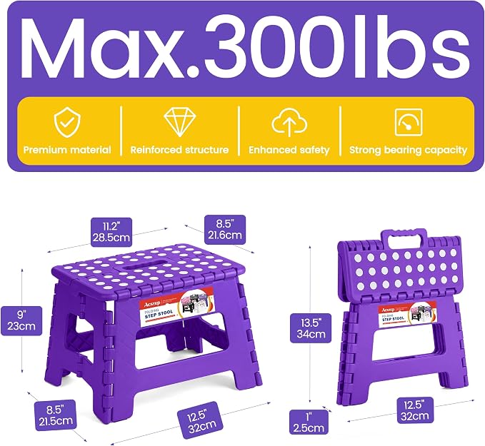 Folding Step Stool 9 Inch, Non-Slip Foldable Stools for Kids, Purple | Heavy Duty Collapsible Foot Stool, Lightweight, Holds 300lb for Toddler/Adults Kitchen Bathroom Bedroom Outdoor, with Handle