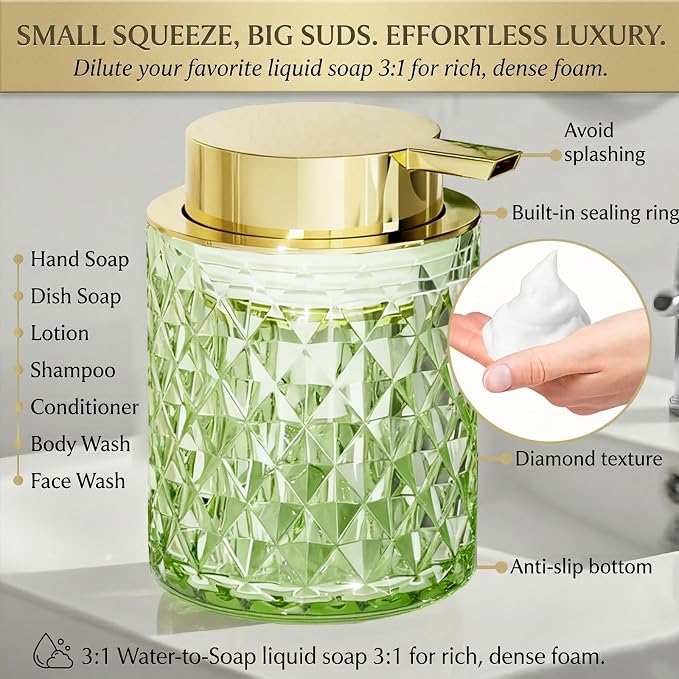 Glass Bathroom Accessories Set 5Pcs Crystal Green - Foaming Soap Dispenser, Soap Dish, Cup, Acrylic Toothbrush Holder with Tray Organizer, Cotton Swab Jar, Bathroom Counter Set Sink Decor