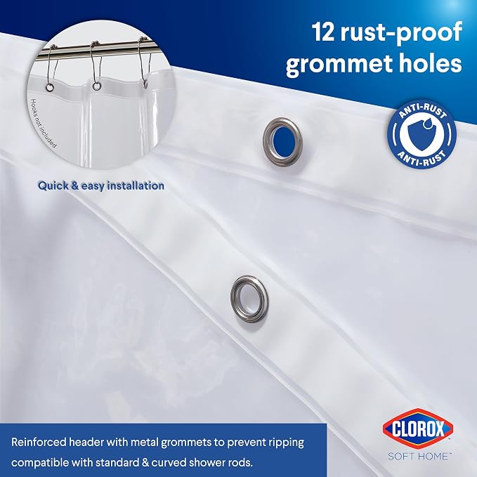 Clorox Shower Curtain Liner, Premium Medium-Weight Durable Waterproof 6g PEVA for Bathroom with Weighted Magnets, Extra Long 72" x 84", Clear 1 Pack