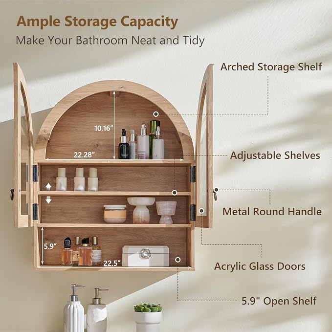 IFGET Bathroom Arched Wall Cabinet, 23.6'' Wide Medicine Cabinet with Adjustable Shelves & Glass Doors, Over The Toilet Storage Wall Mount Cabinet for Laundry Room, Kitchen & Living Room, Natural Oak