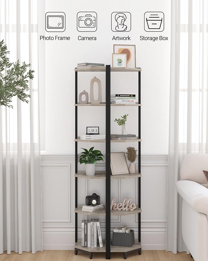 Hzuaneri Corner Shelf Stand 6-Tier Corner Bookshelf Storage Standing Shelf | Bookcase Plant Stand with Metal Frame for Living Room, Home Office, Bedroom, Greige CS06005B