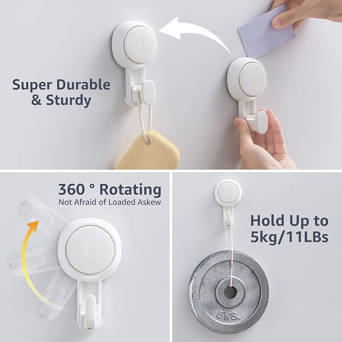 Heavy Duty Suction Cup Shower Hooks 4 Pack, Damage-Free Shower Hangers for Inside Bathroom Wall, Powerful Vacuum Suction Towel Hooks, Loofah Holders, Easy to Install and Remove, White