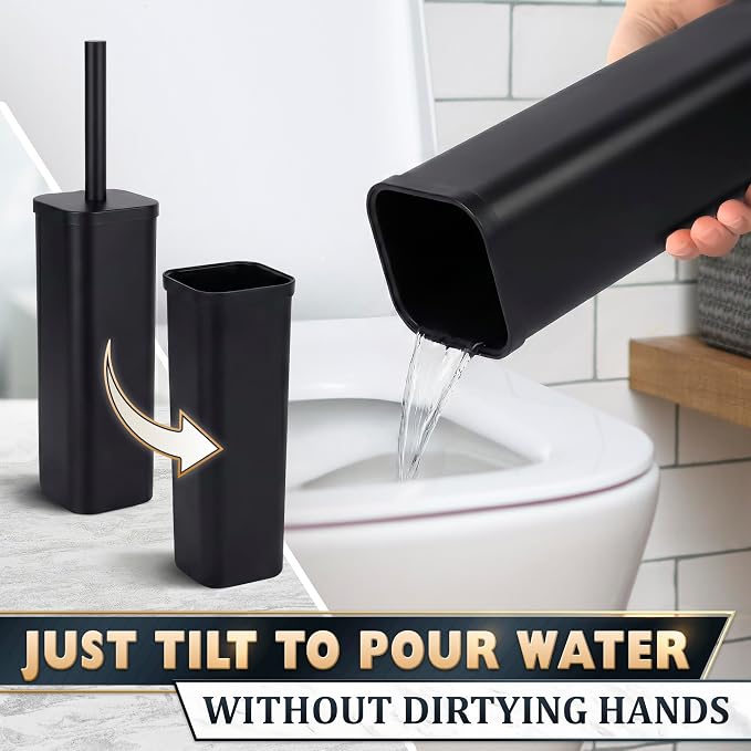 Black Toilet Brush and Holder Set for Modern Bathrooms (Square) | Toilet Bowl Brush and Holder, Removable Inner Bowl, Dense Bristles, Long Handle, Scratch Resistant, Detachable Long Handle