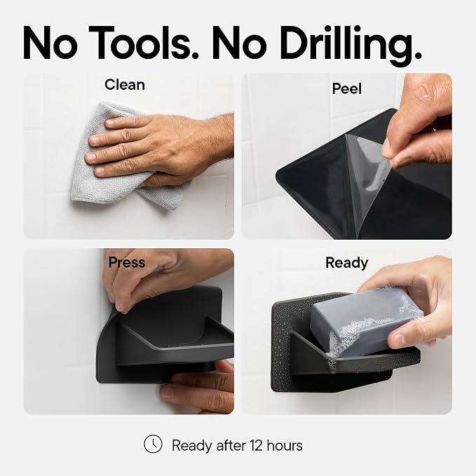 TOOLETRIES The Benjamin Soap Holder for Shower - Charcoal | Draining silicone soap holder with a reusable adhesive mount to keep soap dry and organised.