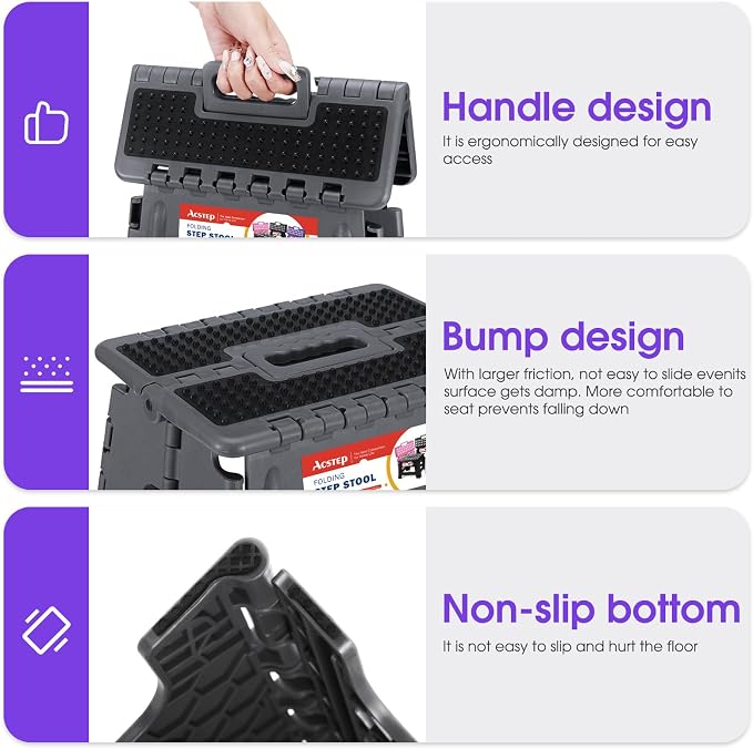 17.5 Inch Heavy Duty Folding Step Stool, 400 lbs, Dot Grey | Collapsible Stepping Stool for Adults with Handle and Non-Slip Surface, for Kitchen, Garage, Bedroom and Outdoor Tasks