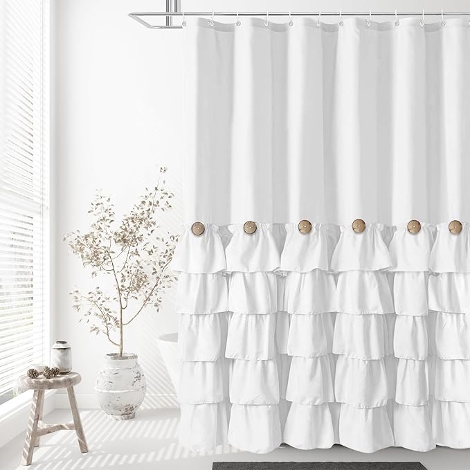 Seasonwood White Ruffle Shower Curtain Farmhouse Shower Curtain 72 X 72 | Natural button accents, layered fabric tiers, shabby chic and French country styling for decorative bathroom updates
