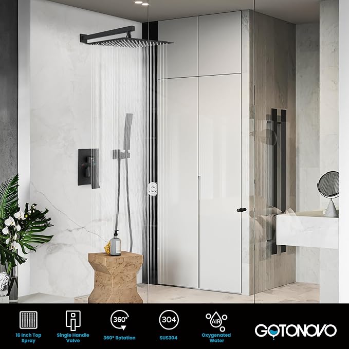 gotonovo Shower Faucet Set with Handheld Spray Matte Black,16'' Head | SUS304 Rainfall Shower Head and Handle Set System Fixture,Pressure Balance Valve Trim Kit,Single Handle,Wall Mount,All Metal