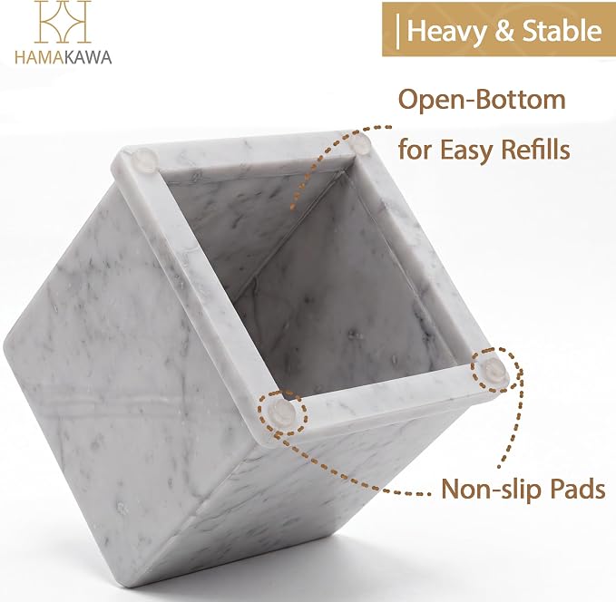 Natural Marble Tissue Box Cover, Carrara White Tissue Organizer 6 x 6 x 5.7 inch, Heavy Stone Decorative Box, Square Tissue Box Holder for Home Decor, Kitchen, Bathroom, Bedroom