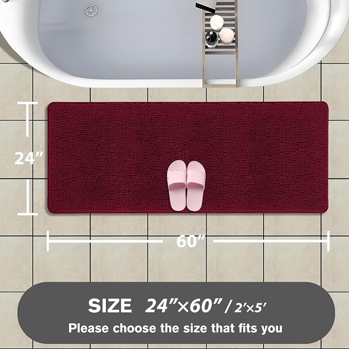 Bathroom Runner Rug 24 x 60 Inch – Extra Large Long Bath Mat | Absorbent and Washable Thick Chenille Bath Rug Non-Slip Runner Rug for Bathroom, Shower, Sink(Vivid Burgundy)