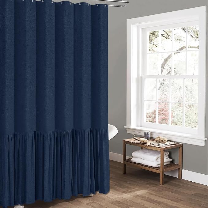 Linen Ruffle Modern Farmhouse Cloth Shower Curtain, 72x72, Navy Blue | Ruffle Hem, Heavy Duty Fabric, 12 Hooks, Elegant Drape, Shabby Chic Style, Bathroom Decor, Machine Washable, Easy To Install