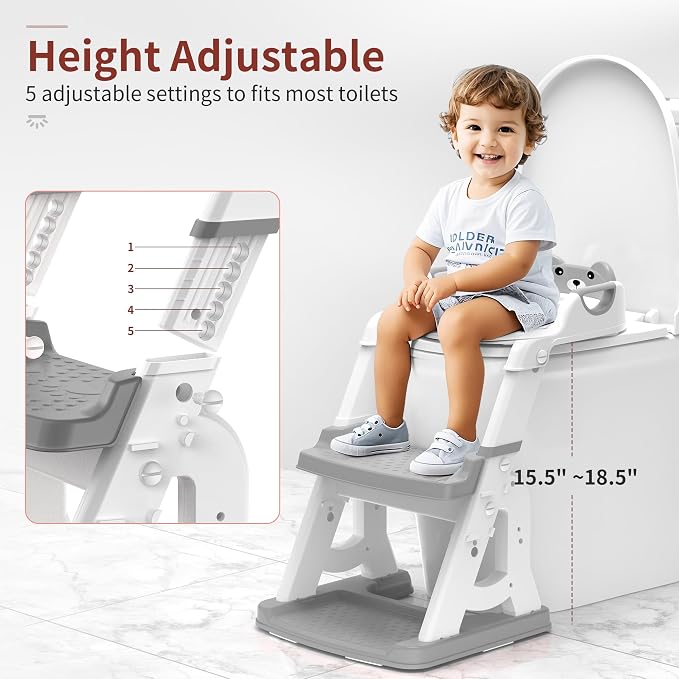 Meulife Potty Training Seat, Upgrade 2 in 1 Potty Training Toilet for Toddler, Toddler Toilet Seat for Boys Girls with Support Bar, Anti-Slip Pad and Step Stool (Grey)