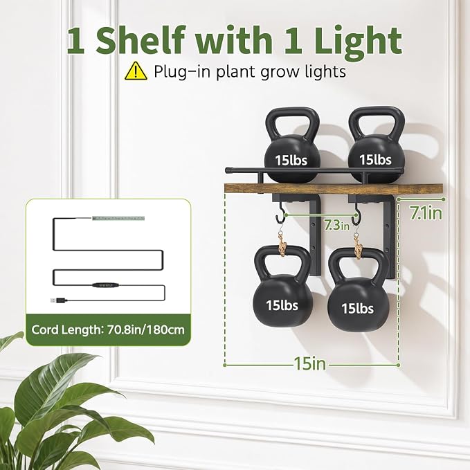 LASZOLA Wall Plant Shelves Floating Hanger Holder with Grow Lights, Brown | Window Stand with Hooks, Metal and Wood, Flower Hanging Display Rack for Indoor Bedroom Living Room Bathroom Kitchen Decor