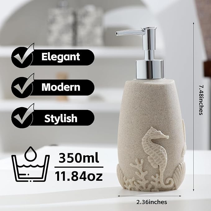 Bathroom Accessories Set, 4 PCS, Sea Bathroom Decor, Sandstone Look Beige | Ocean Theme,With 10OZ Soap Dispenser, Toothbrush Holder, Tumbler, Soap Dish, For Bathroom Countertop Organizer