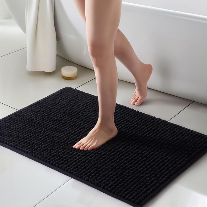 FRESHMINT Thick Chunky Chenille Bathroom Rug, Black, 24"x36" | Non-Slip Backing, Water Absorbent Surface, Machine Washable Care, Cushioned Comfort, Bathroom Floor Use