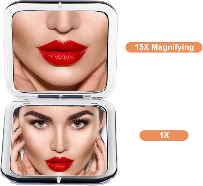 SANTOO Compact 15X Magnifying Makeup Mirror for Travel, Small Pocket Mirror-Handheld, Foldable & Portable 2-Sided with 15X Magnifying and 1X Mirror for Purses - Square 3.3 x 3.3 inch (Black)
